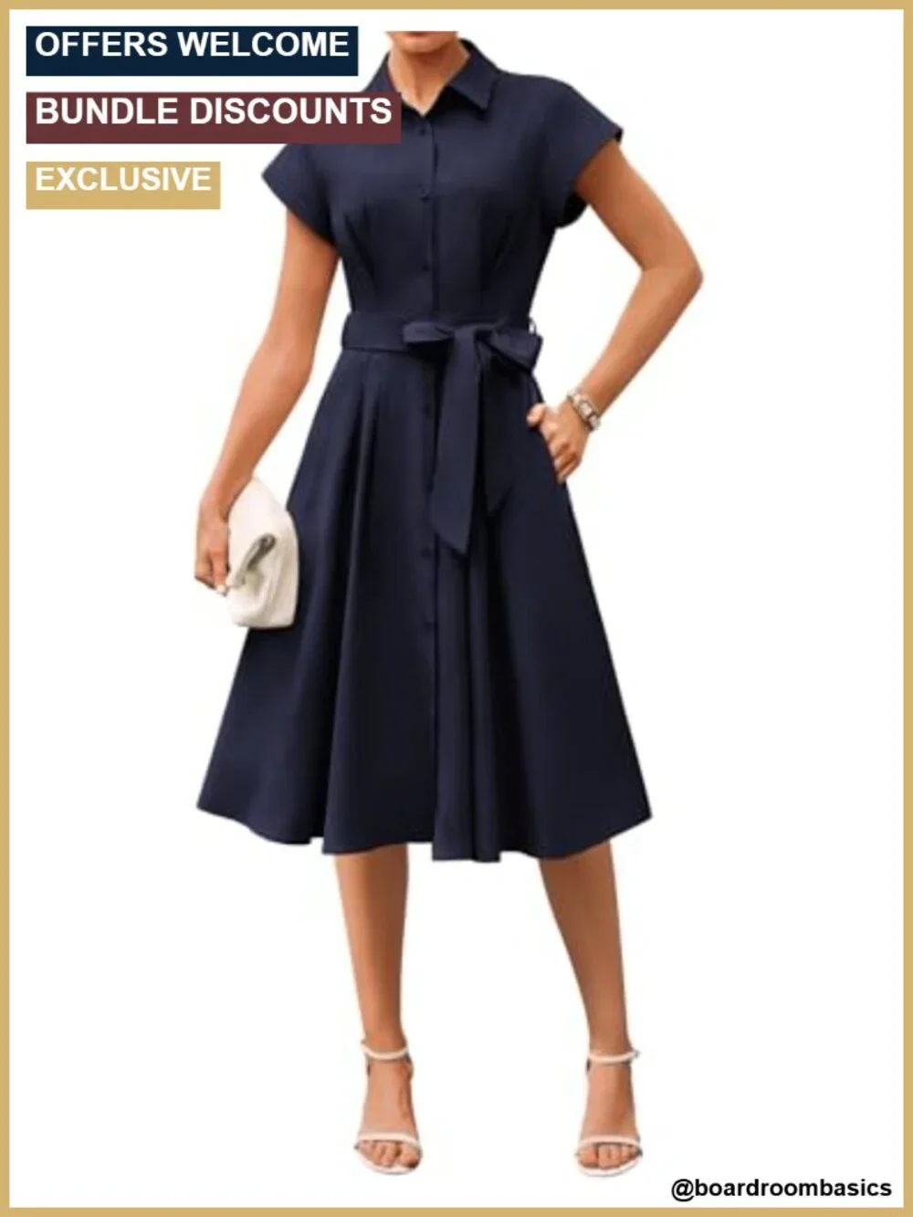 Women's Midi Shirt Dress V-Neck Cap Sleeve Fit-and-Flare with Pockets